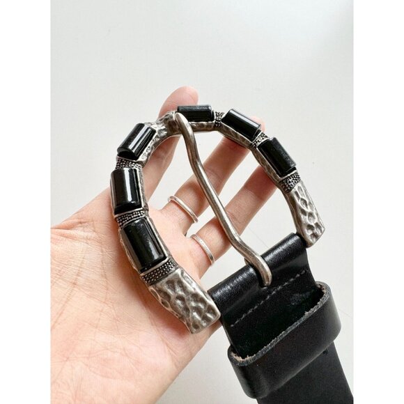 DANIER Black Leather Studded Brushed Silver Heavy Duty Buckle Hip Belt, Size M - Picture 5 of 13